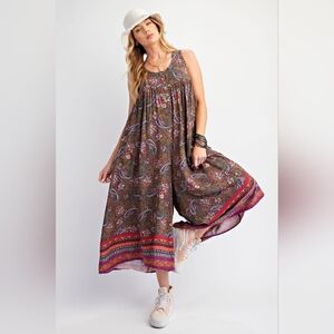 5-0309 *Boutique* Wide Leg Floral Olive Colorful Flowy Jumpsuit By Easel